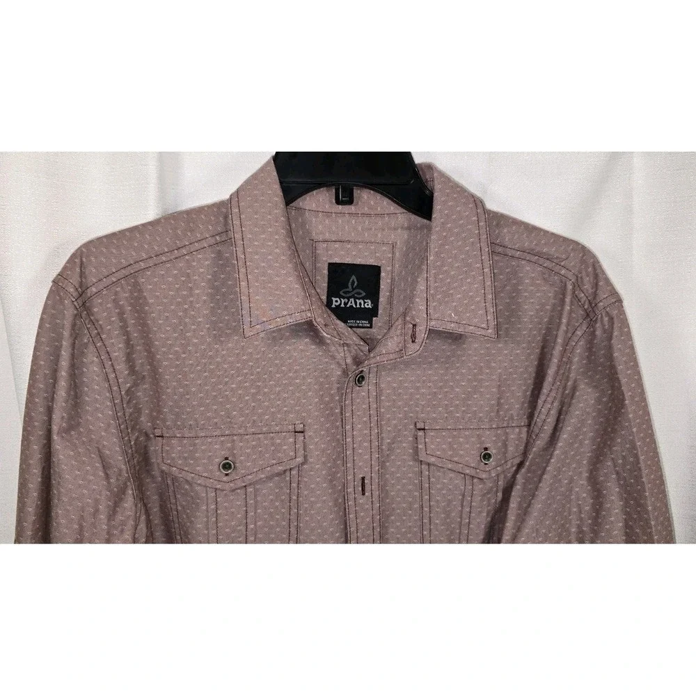 Prana Mens Long Sleeve Button Down Shirt Mauve Geometric Print Roll Tab‎ Medium